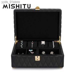 Boîtes à bijoux MISHITU grande boîte de rangement de bijoux boîte à bijoux en cuir à 2 couches avec serrure organisateur de bijoux en cuir à rayures rhombiques noires classiques L240323