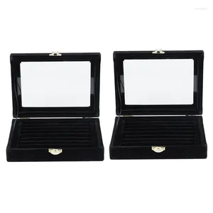 Pochettes à bijoux 2X velours verre anneau boucle d'oreille affichage organisateur boîte porte-plateau étui de rangement noir