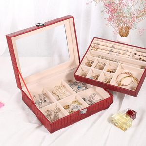 Bolsas de joyería Caja de PU de doble capa con vidrio transparente Anillos de lujo Pendientes Caja de almacenamiento Caja de almacenamiento Organizador de joyas para mujer