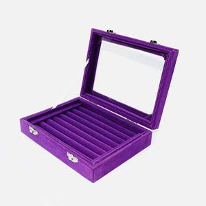 Bolsas de joyería SZanbana Purple 7Slots Anillo de terciopelo Caja de exhibición Pendiente Organizador Bandeja Gemelos Caja de almacenamiento con tapa de vidrio transparente