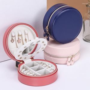 Pochettes à bijoux boîte à bijoux de voyage en cuir PU rond petit compartiment de conteneur Portable pour bagues boucle d'oreille Bracelet aller
