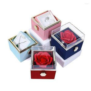 Pochettes à bijoux pour la Saint-Valentin, proposition de mariage, boîte-cadeau rotative en forme de rose, bague en acrylique, pendentif, collier de fleurs préservées, étui de rangement