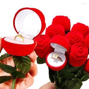 Pochettes à bijoux Velvet Rose Flower Ring Box Red Cteative Boucle d'oreille Présentoir Gift Boxs Bridal Wedding Engagement Storage Case