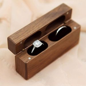 Bolsas de joyería Caja de soporte de anillo de boda Madera de nogal Moderna para 2 ceremonias Caja de almacenamiento doble rústica