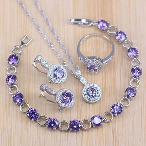 Bijoux Sier couleur bijoux violet Zircon blanc cristal ensembles de bijoux pour femmes boucle d'oreille/pendentif/collier/bague/bracelet