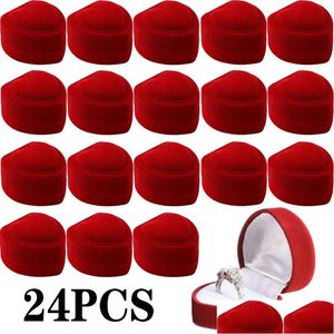 Stand de bijoux 24pcs Red Veet Heart Ring Box Affichage Écouteur Boîtes cadeaux Mariage Organisateur romantique Engagement Wholesale Drop Deved Dhnod