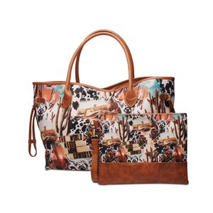 Ensemble de sacs de voyage en toile de puzzle, fourre-tout sans fin avec étui à bracelet assorti, sacs de voyage d'extérieur de grande capacité en cuir de vache turquoise occidental