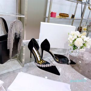 Jimmy Womens Tacones de alta calidad Fashion-Luxury Luxury High Shoe Rhinestons Flower Ornaments Surround Crystal Diseñador Stiletto negro Stiletto