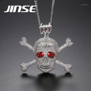 Jinse Rhinestone Punk Red Cz Stone Skeleton Skull Pendants Pendants Collares para hombres Color de oro Hip Hop Jewellry Cadena de cuerda1264E