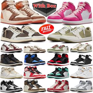 nike air jordan 1 jordab 1 With Box jumpman 1s shoes golf shoes Reverse Mocha Fierce Pink chicago Royal Dusted Clay satin bred Olive sneakers women mens shoes mens【code ：L】