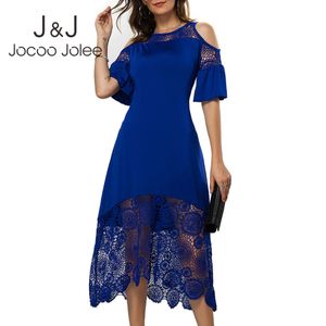 Jocoo Jolee Bohemian Off the Shoulder Lace Patchwork Dress Elegante Sexy Hollow Out Irregular Midi Sundress Club Party Dress 210518