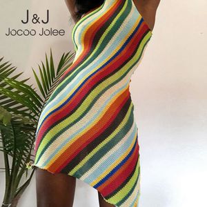Jocoo Jolee Irregular Hit Color Off Hombro Knit Stripped O-cuello Sin mangas Sexy Flaco Mujeres Summer Club Mini Vestido Fiesta 210518
