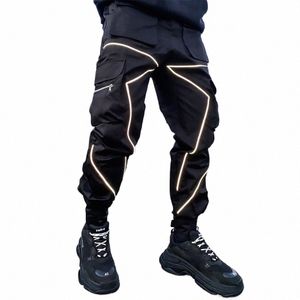 Joggers pantalones Cargo raya reflectante Fi Streetwear Hip Hop pantalones de chándal negro blanco Patchwork Hipster pantalones para hombre W38X #