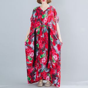 Johnature, vestidos de vendaje para mujer, estampado Floral rojo con cuello en V, batas de estilo chino, manga de murciélago de verano, vestido Vintage suelto para mujer 210521