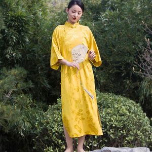 Johnature mujeres amarillo estilo chino vestidos jacquard vestidos de alta calidad batas tres cuartos manga primavera vestido vintage 210521