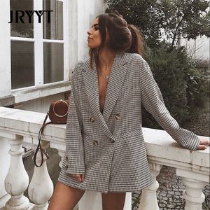 JRYYT, chaqueta a cuadros con doble botonadura, elegante chaqueta de manga tres cuartos con bolsillo para mujer, chaquetas de oficina para mujer, otoño 2020 X0721