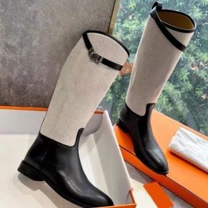 Jumping Leather Riding Knee-High Boots - Tab Round Toe Slip-on Talons plats Chelsea Knight Booties Designer de luxe Femmes Chaussures de mode Chaussures d'usine Boîte d'origine