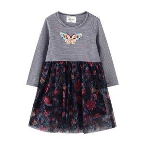 Jumping Meters Automne Stripe Butterfly Manches Longues Filles Robe Vêtements Col Rond Enfants Net-fil Gris Robes Décontractées 2-7ans G1026