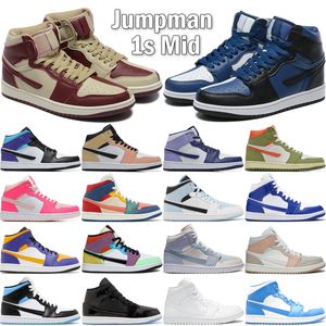 Nike Air Jordan 1 Mid Hommes Femmes Chaussures De Basket-ball En Cuir Île Vert Voile Rouge Noir Bleu Or Milan Gris Neutre Hyper Crimson Baskets Taille 36-45
