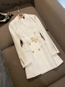 JUIN lèvres printemps haute qualité femmes rouge Blazer robe avec ceinture Double boutonnage boutons Chic pour robe de soirée en gros 231228