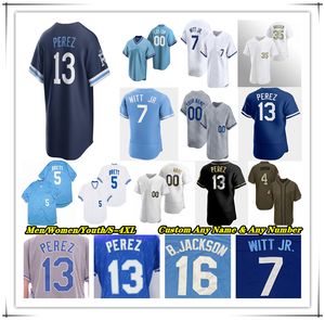 Maillot de baseball KC Salvador Perez Bobby Witt Jr Bo Jackson Vinnie Pasquantino MJ Melendez Maikel Garcia George Brett Hunter Renfroe Cole Ragans Kyle Isbel ROYAL 4XL