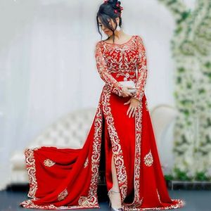 Karakou Argelia Kaftan Vestidos de noche rojos Apliques de encaje dorado Mangas largas Elegante árabe Dubai Vestido de fiesta de graduación Vestido De Novia Desgaste de celebridades para mujeres