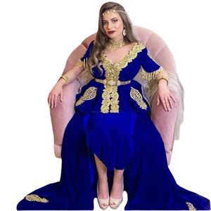 Karakou Algerien Royal Blue Turkey Robe de soirée 2024 avec overskirt Train sexy V cou de cou court-couches Abayas Robes de bal