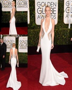 Kate Hudson Robes de célébrités sexy 2015 72nd Golden Globe Awards Sirène blanche Robes de soirée en satin Robe de tapis rouge sans dos C5140795