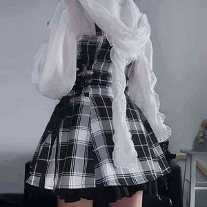 Kawaii Plaid plissé Lolita Mini robe femmes Punk Emo Harajuku Y2k robes esthétiques ensembles Goth fée Grunge Alt Kpop vêtements Y1204