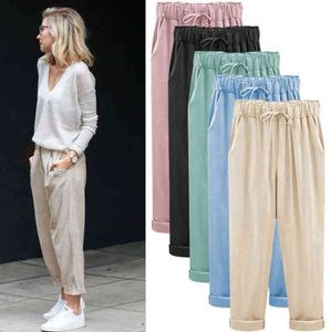 Kayotuas Femmes Sarouel Couleur Solide Lâche Mince Printemps Automne Casual Coton Lin Mode Plus Taille Vente Pantalon 210522