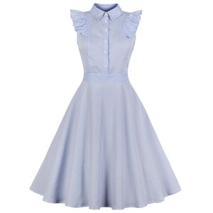 Kenancy Années 1960 Audrey Hepburn Swing Rockabilly Vintage Dress Plus Size Blue Stripe Print Ruffles Retro Dress Party Vestidos 4xl Y19051102
