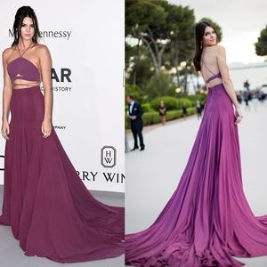 Kendall Jenner 2 piezas Vestidos de baile Alfombra roja Vestidos famosos Oscar Púrpura Vestidos de fiesta de noche vestido maxi vestido de festa longo Criss