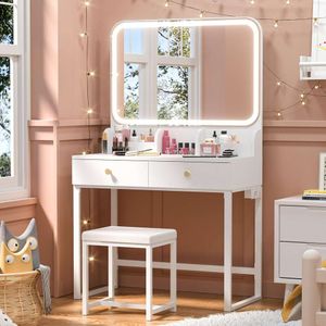 Kenjinn Éclairage de miroir blanc, petit avec tiroirs, chaises et prises de courant, ensemble de coiffeuse LED adapté aux filles, chambres à coucher, espace de rangement, 32 pouces de large