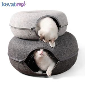 kennels pens Donut Cat Bed Tunnel Interactive Toy House pour 2 chats Feutre Animal de compagnie Grotte à moitié fermée Formation intérieure Chenil Fournitures pour animaux de compagnie 231124