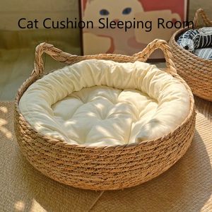 kennels pens Four Seasons Cat Bed Woven Removable Upholstery Sleeping House Cat Scratch Floor Rattan Washable Cats Pet Products Accessories 231124