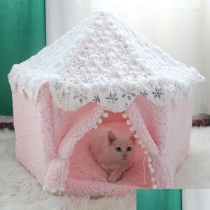 Kennels Pens Sweet Cat Bed Tienda para perros Cómoda Casa para mascotas rosada Casa de algodón Perrera portátil Gatito Teepee Plegable Slee Mat Productos de cueva Drop Dhims
