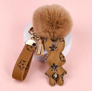 Porte-clés Anneau Pompon Boule Lapin Sac Pendentif Charme Porte-clés Boucle Cadeau Bijoux Accessoires PU Cuir Marron Fleur Animal Lanière Voiture Porte-clés