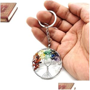 Porte-clés fait à la main en pierre de cristal naturel rond arbre de vie porte-pendentif pour femmes filles sacs de voiture accessoires livraison directe bijoux Dhmme
