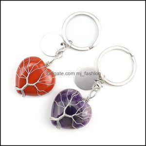 Porte-clés fait à la main arbre de vie coeur pierre naturelle guérison cristal Quartz porte-clés clés chaîne Rin Mjfashion D Dhyjd