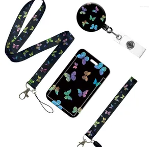 Porte-clés 1 ensemble papillon couleur mignon porte-carte nommé Badge d'identité avec lanière cou sangle Bus ID titulaires porte-clés