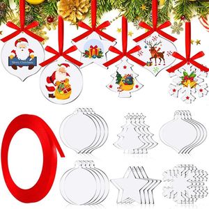 Porte-clés 24pcs clair acrylique ornements de Noël suspendus décor avec ruban bricolage étiquettes de vacances transparentes décoration