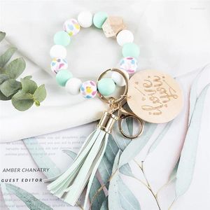 Porte-clés Arrivée Fleur Imprimer Silicone Perle Porte-clés Mode Pendentif Rond Bois Chip Aimé Lettres Bracelet Porte-clés Bijoux Cadeaux