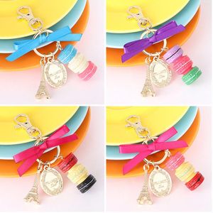 Porte-clés Creative Macarons Gâteau Porte-clés Tour Eiffel Ruban Arc-Noeud Alliage Porte-clés Femmes Sac À Main Sac Pendentif Bibelot Cadeau Fille Bijoux