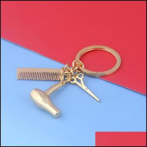 Llaveros Accesorios de moda 10pcrj Barbershop Tijeras de oro Peine Fan Colgante Llavero para mujeres Hombres Barbero Coche Monedero Joyería Regalo especial