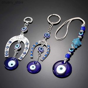 Keychains Lonyards Blue Evil Eye Horseshoe Shape Charm Keychain Keyring For Women Men Glass Vintage Fish Lucky Eye Bead Sac Car Clé Pendre Jewelry Y240417
