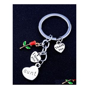 Porte-clés Lanyards Mode Rose Fleurs Je t'aime Coeur Charms Porte-clés Famille Fille Grand-mère Tante Soeur Maman Porte-clés Merci Dhnbq