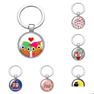 Llaveros Lanyards Lovely Owl Glass Cabochon Llavero Bolsa Coche Llavero Anillo Titular Encantos Sier Plateado Hombres Mujeres Regalos Drop Delivery Dh0G7