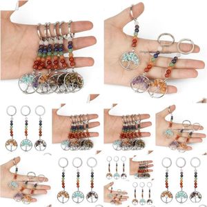 Porte-clés Longes Pierre Naturelle 7 Chakra Porte-clés Énergie Yoga Reiki Arbre De Vie Pendentif Porte-clés Pour Femmes Accessoires Bijoux Dhuyf