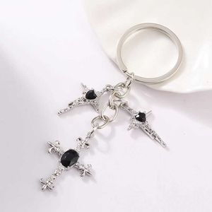 Keychains Lanyards Y2K Trendy Cross Cool Pretty Black Rhinestone Key Rings For Women Girls Friendship Birthday Gift Handmade Diy Joyería Q240403