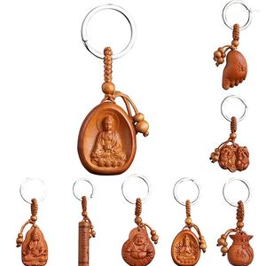 Porte-clés chanceux sculpture sur bois bouddha pendentif porte-clés bijoux boucle unisexe chinois porte-clés pour sac de voiture en gros